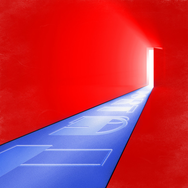 Album art for Portal by Balu Brigada featuring a blue walkway into an open door in a red room.