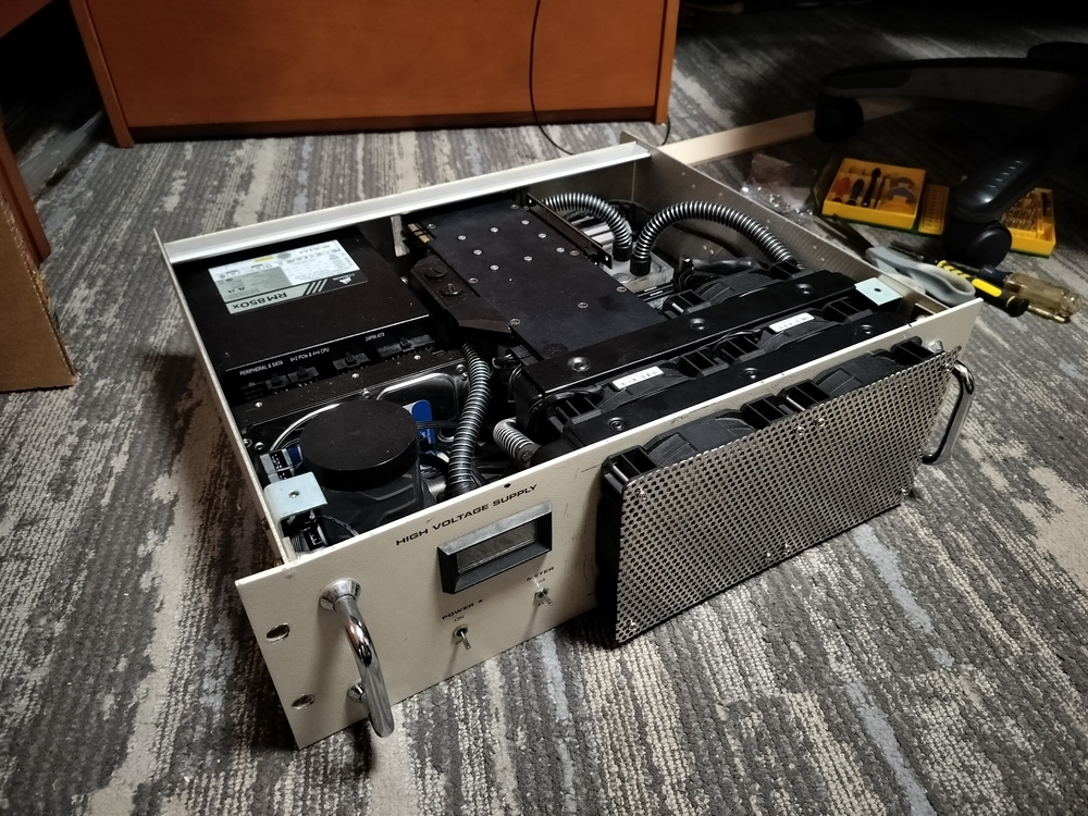 Custom desktop with five Corsair Light Loop fans, two outside of the front panel.