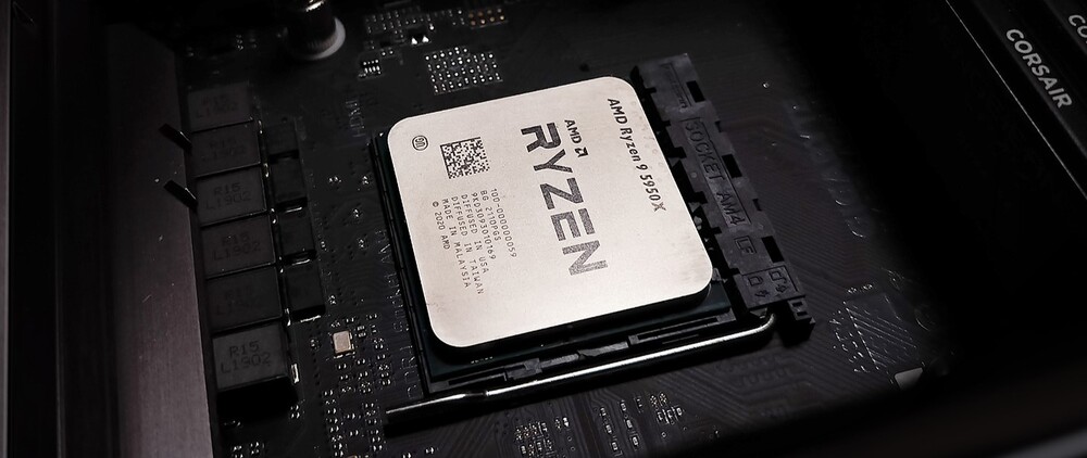 Close up shot of AMD Ryzen 9 5950X in a Gigabyte Aorus B450 I Pro WiFi with Corsair LPX memory.