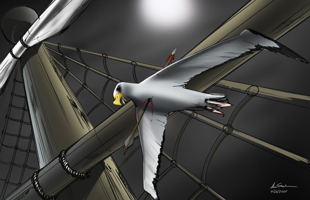 Digital painting of albatross being shot with an arrow aboard a sailing ship.